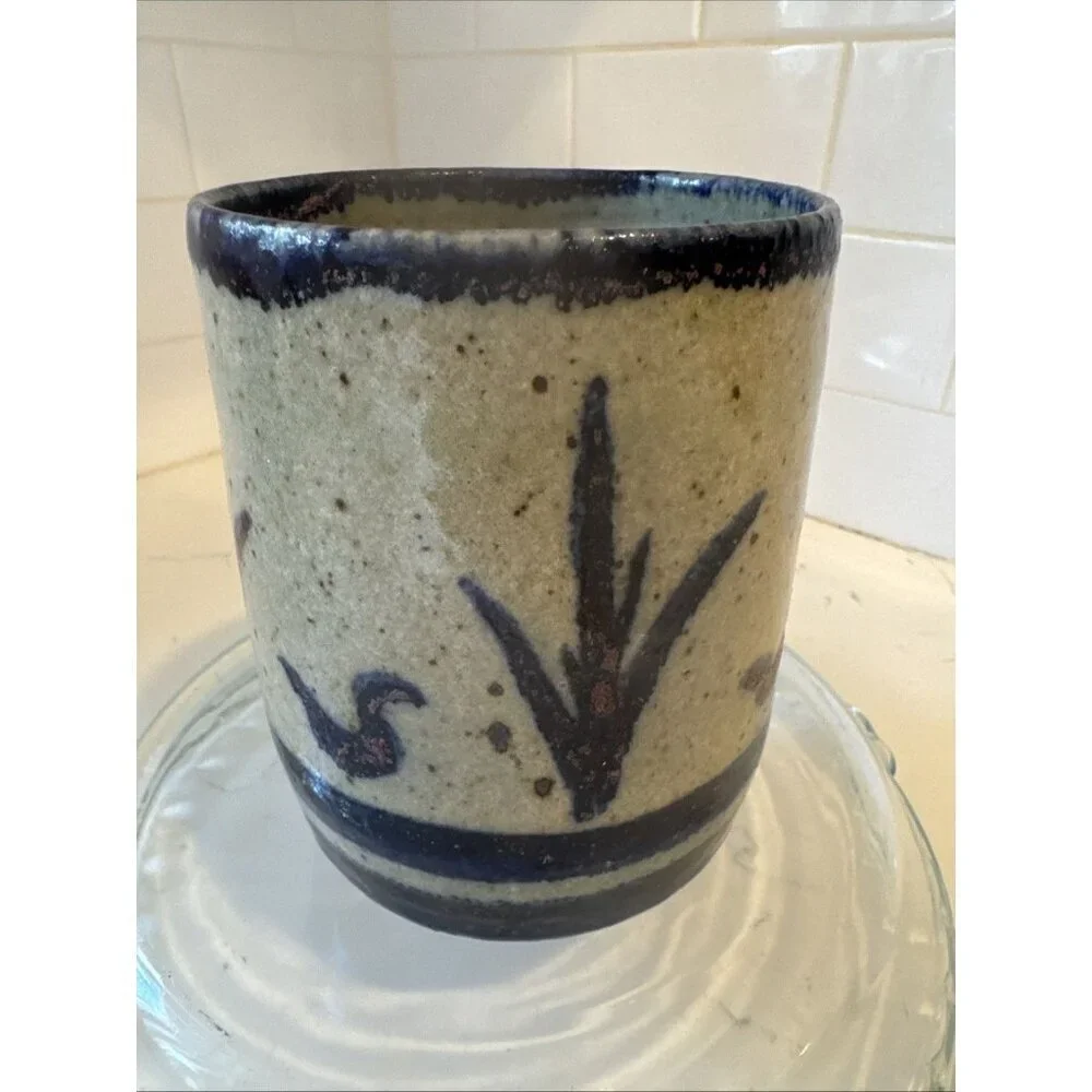 Studio Art Pottery Vase Planter Blue Ban Brown speckles Signed